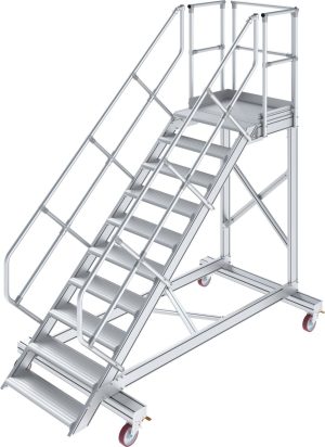 Könnyűfém gurítható dobogós lépcső, 45°, lépcsőfokok szélessége 1000 mm, 1×10 lépcsőfok