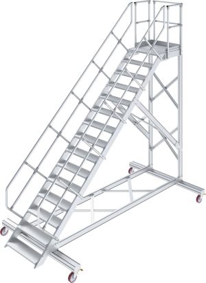 Könnyűfém gurítható dobogós lépcső, 45°, lépcsőfokok szélessége 1000 mm, 1×15 lépcsőfok