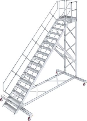 Könnyűfém gurítható dobogós lépcső, 45°, lépcsőfokok szélessége 1000 mm, 1×17 lépcsőfok